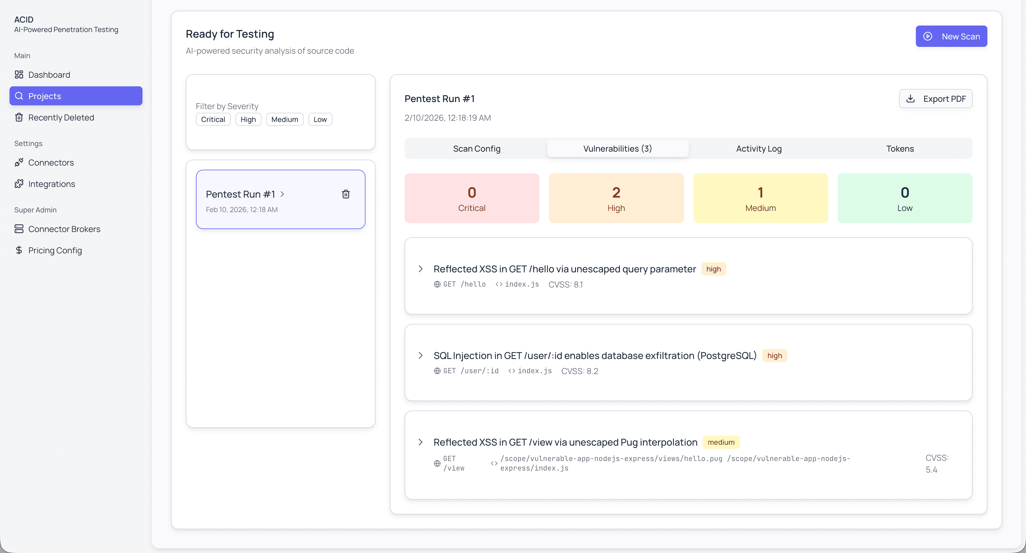 Vulnerability detail view with severity, evidence, and remediation steps