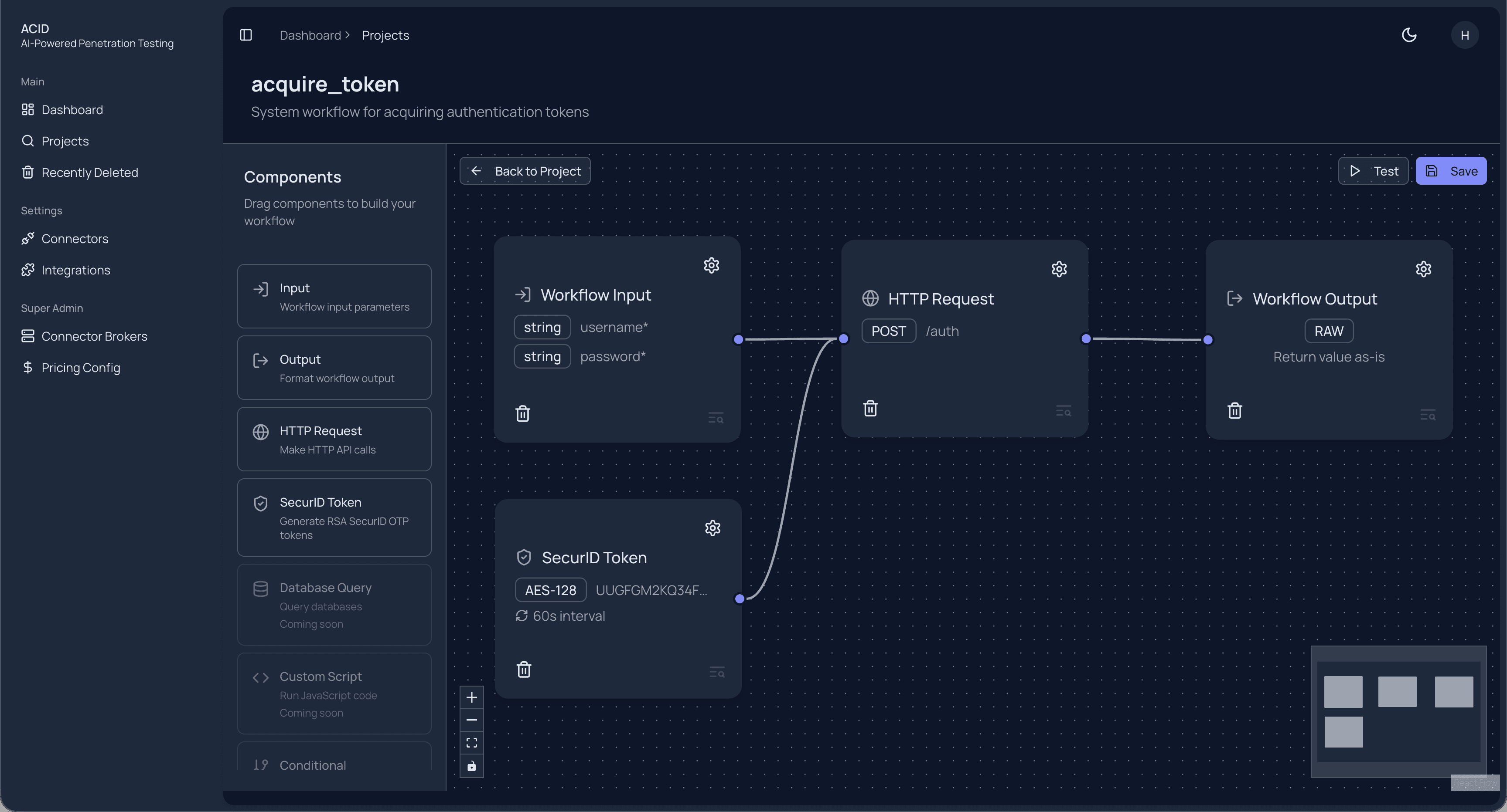 Workflow editor with connected nodes for API authentication and testing pipelines