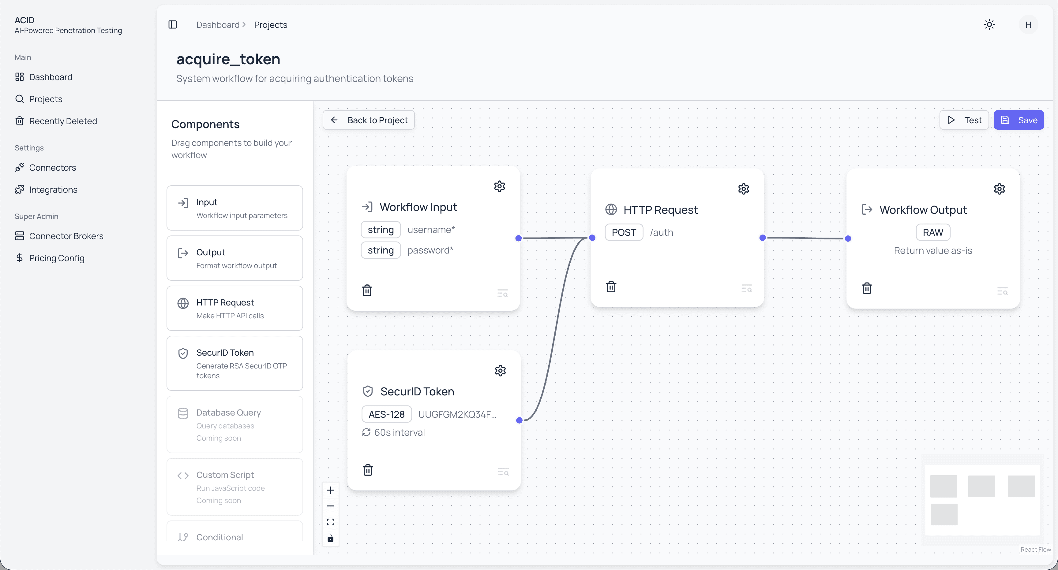 Workflow editor with connected nodes for API authentication and testing pipelines